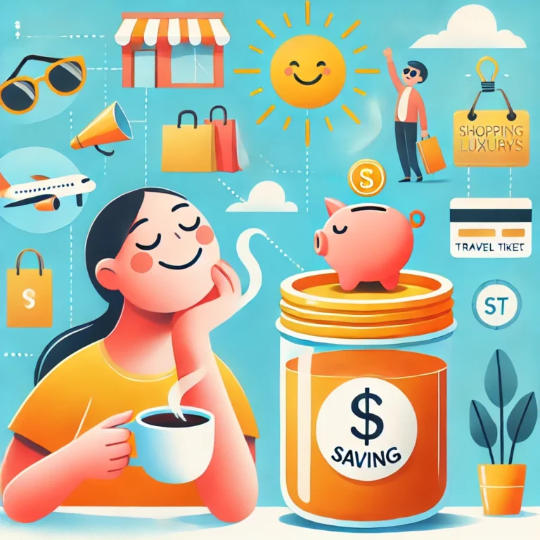 Person happily sipping coffee while looking at a growing savings jar, with background icons of shopping bags and travel tickets representing balance between indulgence and saving.