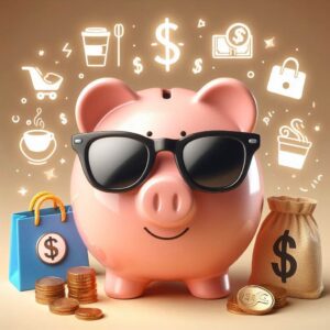 Happy piggy bank wearing sunglasses next to icons of coffee cups, shopping bags, and dollar signs, representing guilt-free smart spending