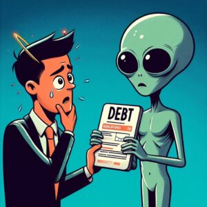 Person nervously facing an alien holding an IOU labeled 'Debt,' representing financial liabilities and debt obligations.