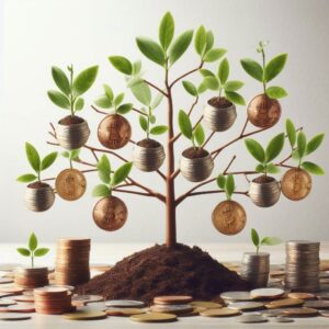 A plant with multiple branches, each growing smaller plants with money, representing the concept of compound growth in investments.