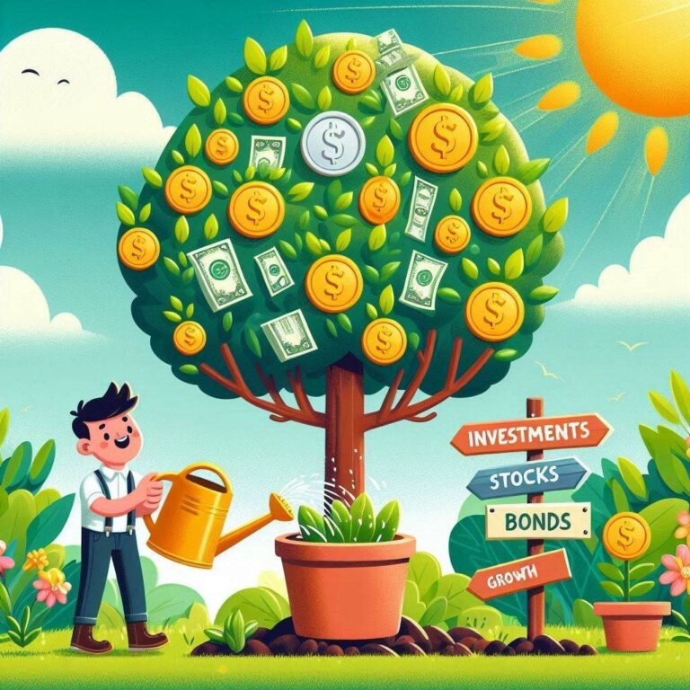 A playful illustration of a money tree with coins and dollar bills hanging from its branches, being watered by a gardener holding a can labeled 'Investments.' Smaller plants labeled 'Stocks,' 'Bonds,' and 'Growth' bloom nearby, symbolizing financial growth.