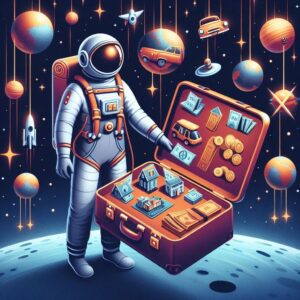 Person in a space suit holding a briefcase filled with assets like houses, cars, and money, symbolizing assets as treasures collected in space.