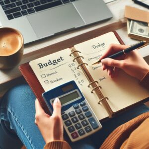 A person reviewing their budget and financial plan with a notebook and calculator, illustrating smart financial choices and responsible debt management.