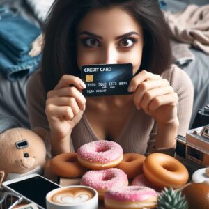 A person holding a credit card with a look of temptation, surrounded by various items like gadgets and clothes, symbolizing the allure of easy credit.